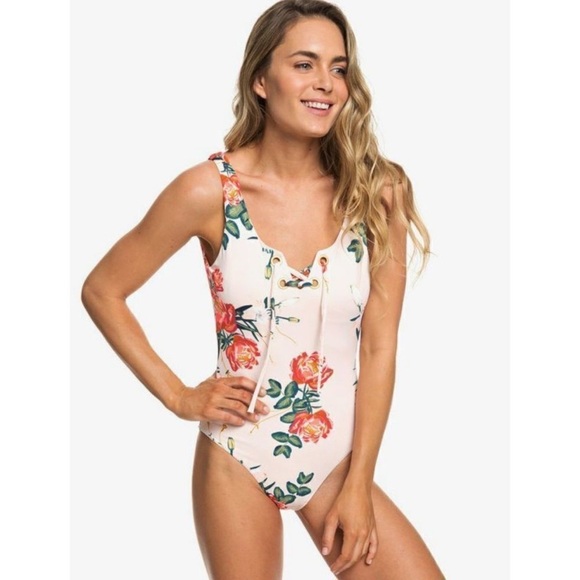 Roxy Classic One Piece Swimsuit Cloud Pink Garden Lily Floral Lace Up Small New - Picture 3 of 12